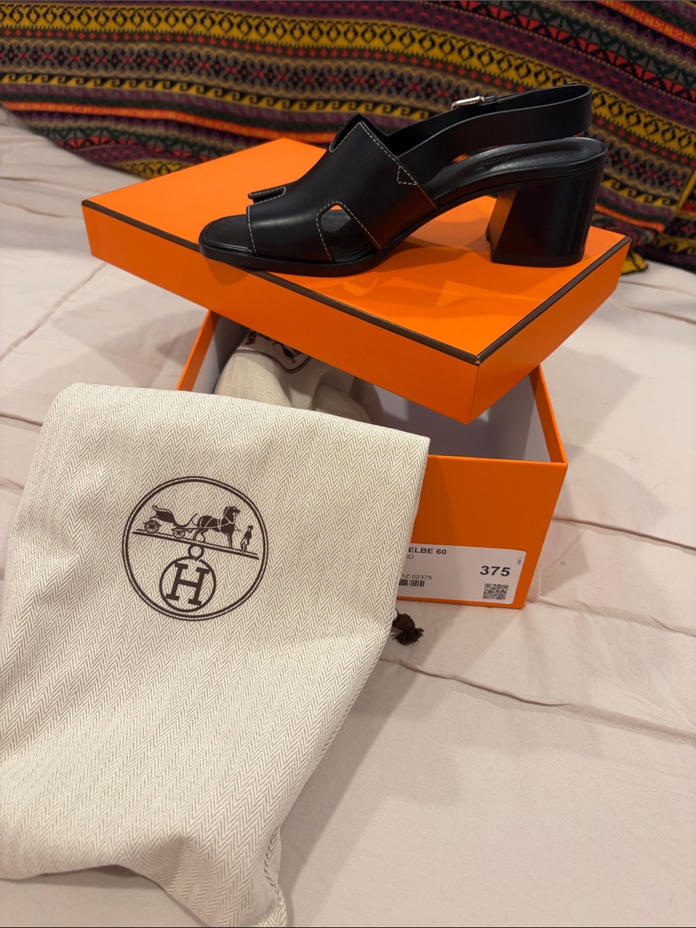 Hermes Black Leather Cutout Slingback Block Heel Flats
